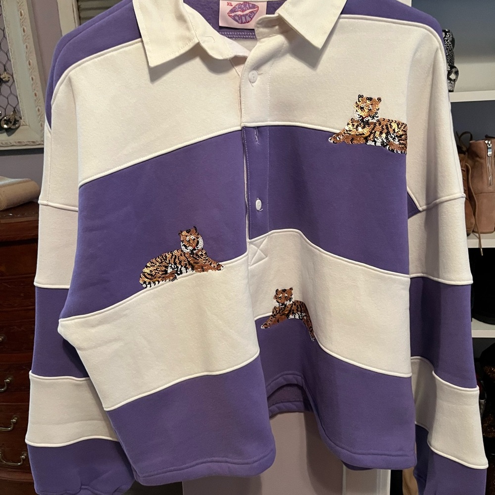 LSU Tiger- White Polo Collar Rugby/Sweatshirt